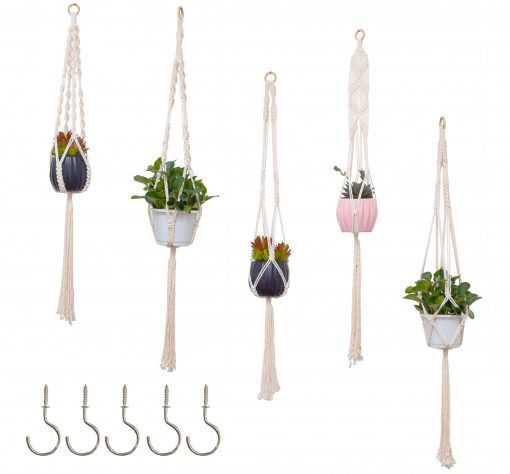 TDy Corners Set Of 5 Macrame Plant Hangers With 5 Hooks For Gift, Home Decoration, Vertical Garden With Boho Style (100% Cotton, Ivory-white, 45 Inches In Length, 5 Styles) (1)